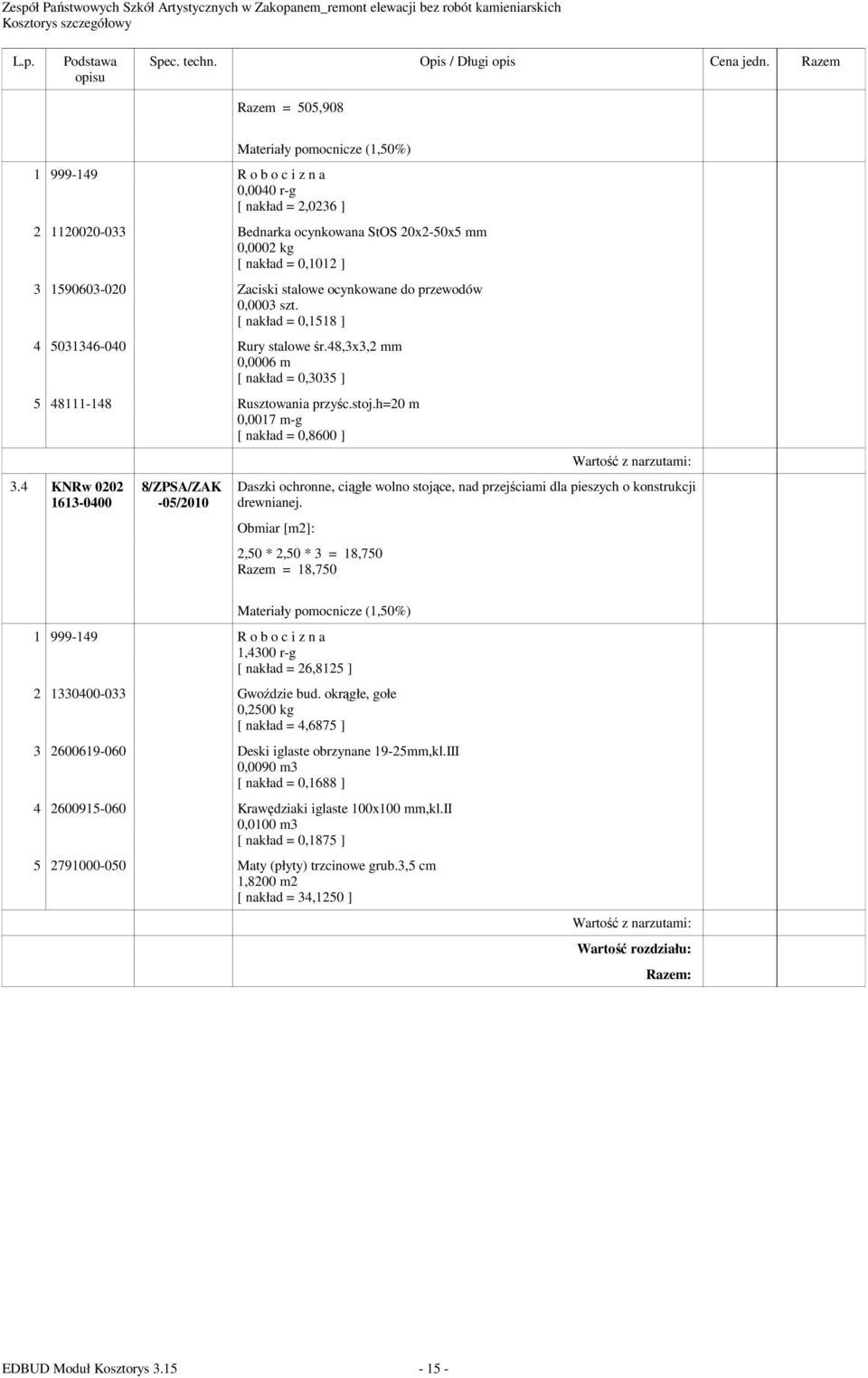 4 KNRw 0202 1613-0400 Daszki ochronne, ciągłe wolno stojące, nad przejściami dla pieszych o konstrukcji drewnianej.