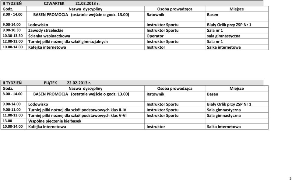 00 Turniej piłki nożnej dla szkół gimnazjalnych Instruktor Sportu Sala nr 1 II TYDZIEŃ PIĄTEK 22.02.2013 r. 9.00-11.