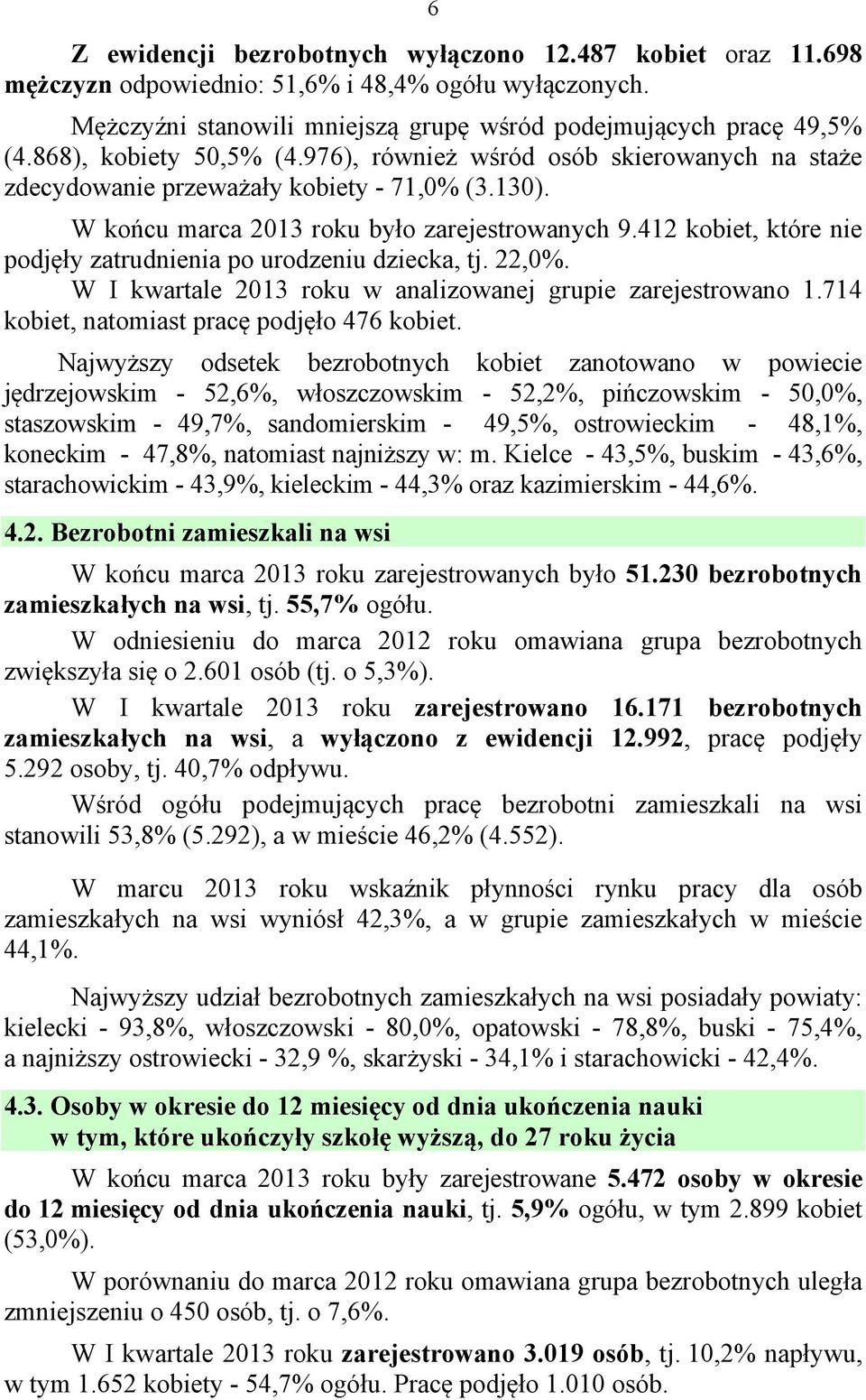 42 kobiet, które nie podjęły zatrudnienia po urodzeniu dziecka, tj. 22,%. W I kwartale 23 roku w analizowanej grupie zarejestrowano.74 kobiet, natomiast pracę podjęło 476 kobiet.