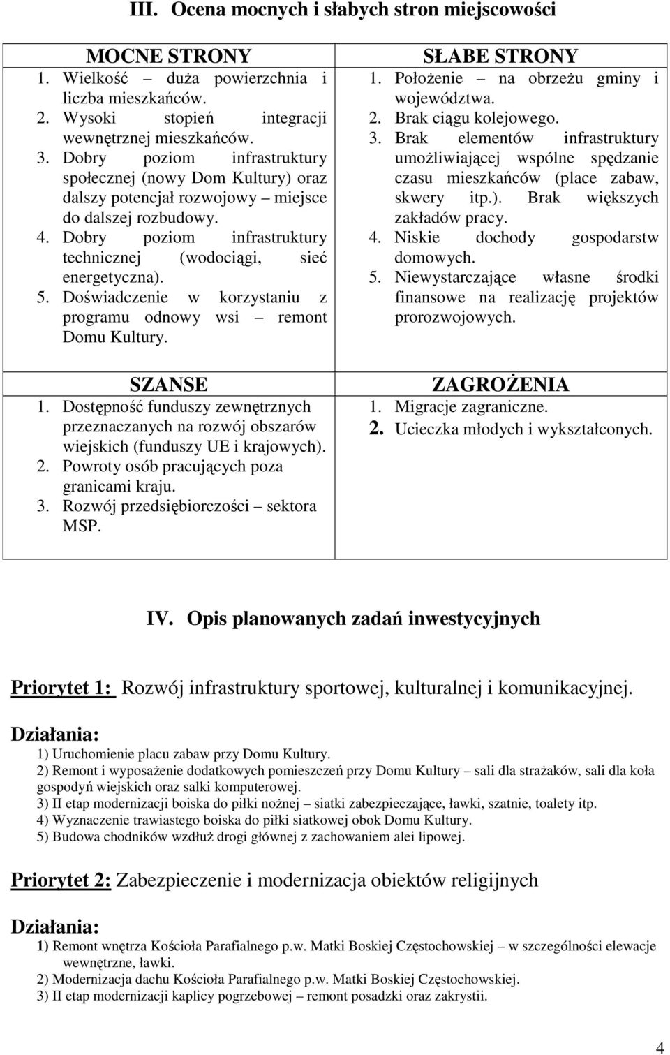 Doświadczenie w korzystaniu z programu odnowy wsi remont Domu Kultury. SZANSE 1. Dostępność funduszy zewnętrznych przeznaczanych na rozwój obszarów wiejskich (funduszy UE i krajowych). 2.