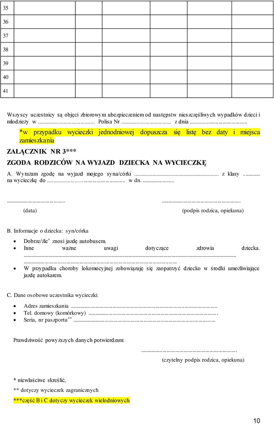 .. z klasy... na wycieczkę do... w dn.......... (data) (podpis rodzica, opiekuna) B. Informacje o dziecku: syn/córka Dobrze/źle * znosi jazdę autobusem. Inne ważne uwagi dotyczące zdrowia dziecka.