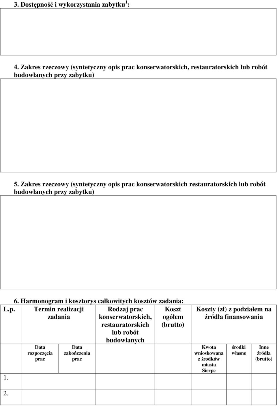 Zakres rzeczowy (syntetyczny opis konserwatorskich restauratorskich lub robót budowlanych przy zabytku) 6.