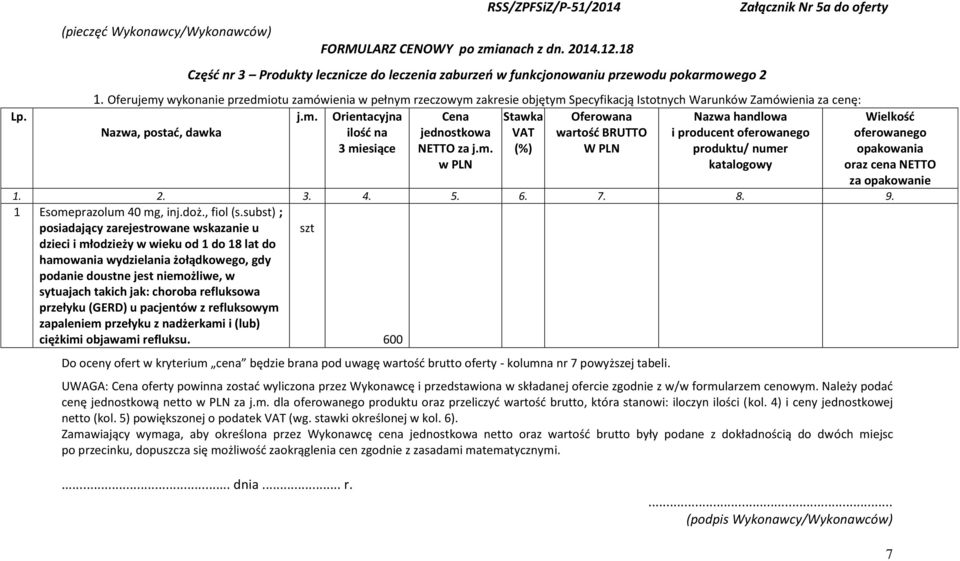 Oferujemy wykonanie przedmiotu zamówienia w pełnym rzeczowym zakresie objętym Specyfikacją Istotnych Warunków Zamówienia za cenę: j.m. Orientacyjna Stawka Oferowana Nazwa, postać, dawka ilość na VAT wartość BRUTTO 3 miesiące (%) W PLN Cena jednostkowa NETTO za j.