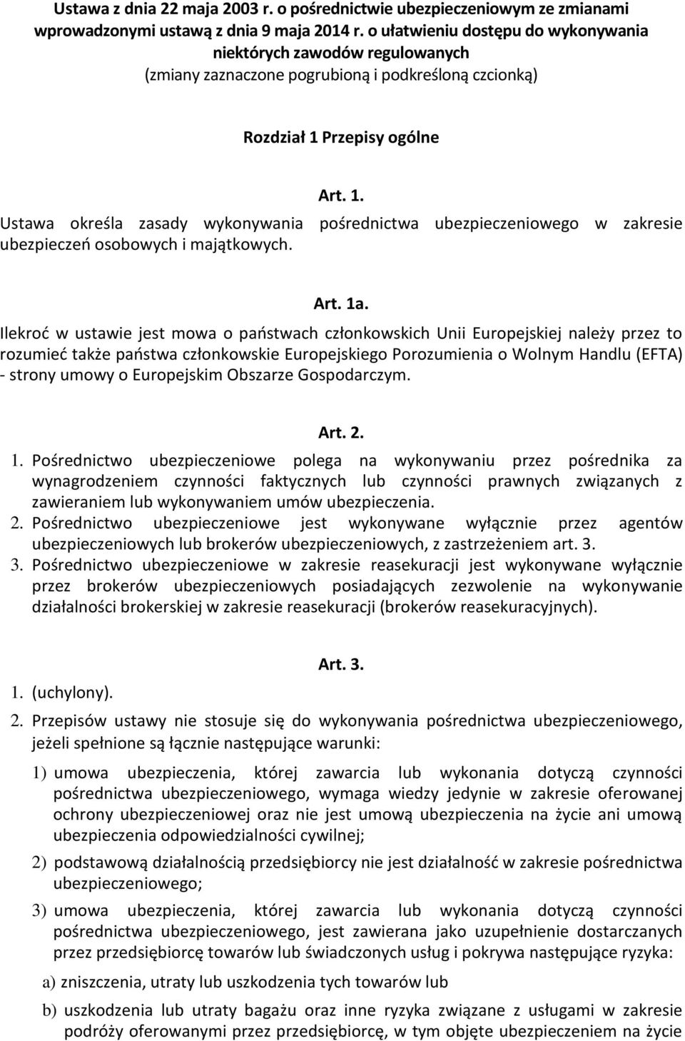 Przepisy ogólne Art. 1. Ustawa określa zasady wykonywania pośrednictwa ubezpieczeniowego w zakresie ubezpieczeń osobowych i majątkowych. Art. 1a.