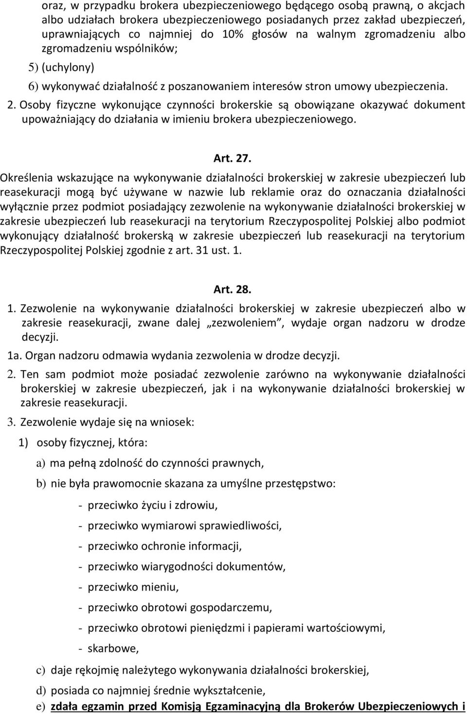 Osoby fizyczne wykonujące czynności brokerskie są obowiązane okazywać dokument upoważniający do działania w imieniu brokera ubezpieczeniowego. Art. 27.