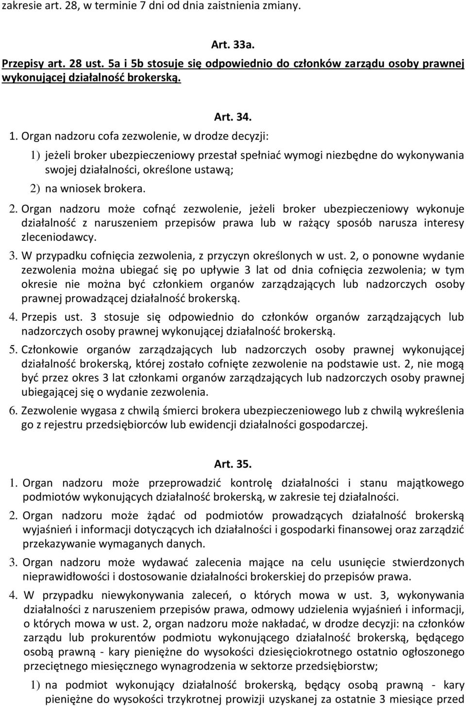 na wniosek brokera. 2. Organ nadzoru może cofnąć zezwolenie, jeżeli broker ubezpieczeniowy wykonuje działalność z naruszeniem przepisów prawa lub w rażący sposób narusza interesy zleceniodawcy. 3.