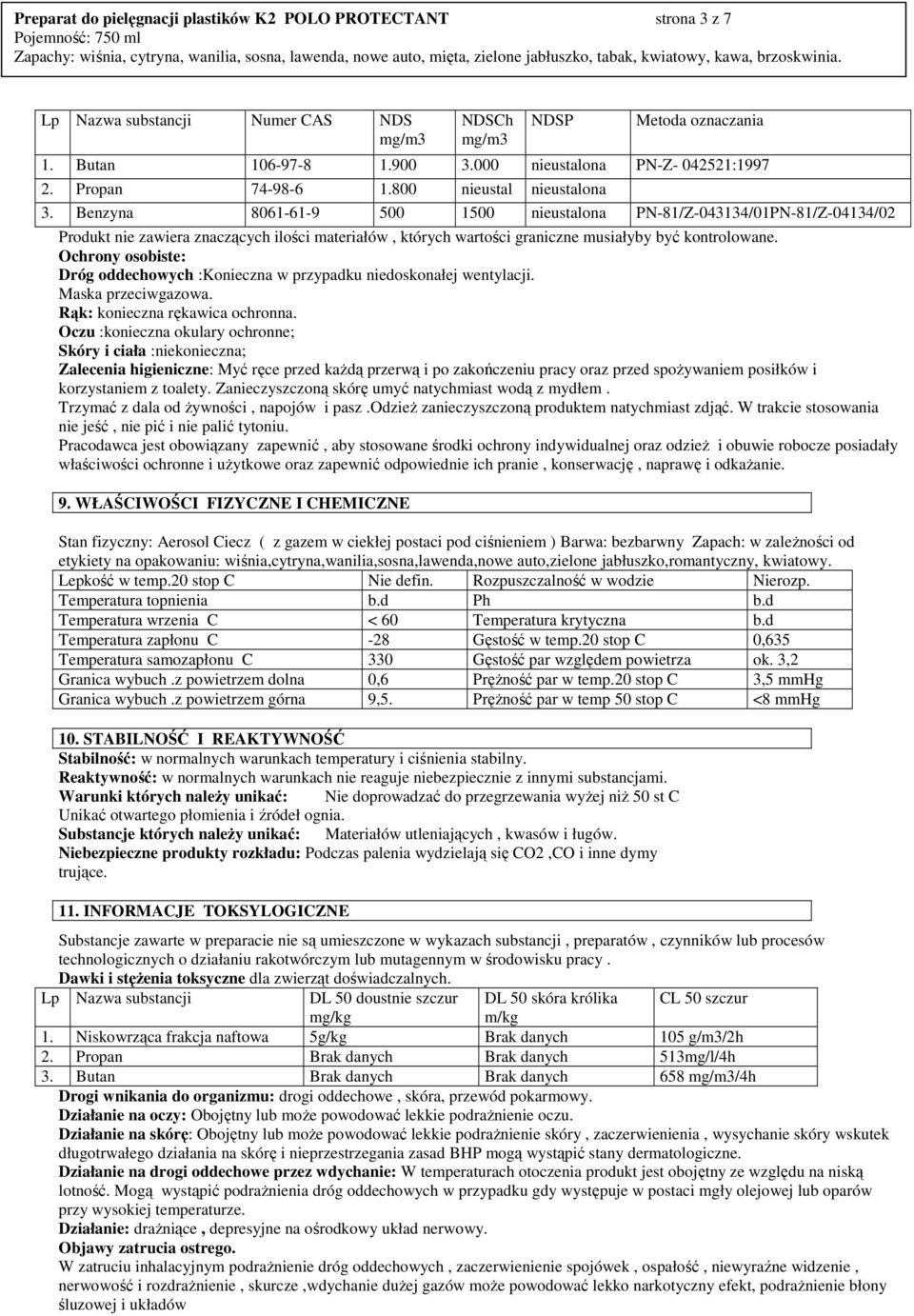 Benzyna 8061-61-9 500 1500 nieustalona PN-81/Z-043134/01PN-81/Z-04134/02 Produkt nie zawiera znaczących ilości materiałów, których wartości graniczne musiałyby być kontrolowane.
