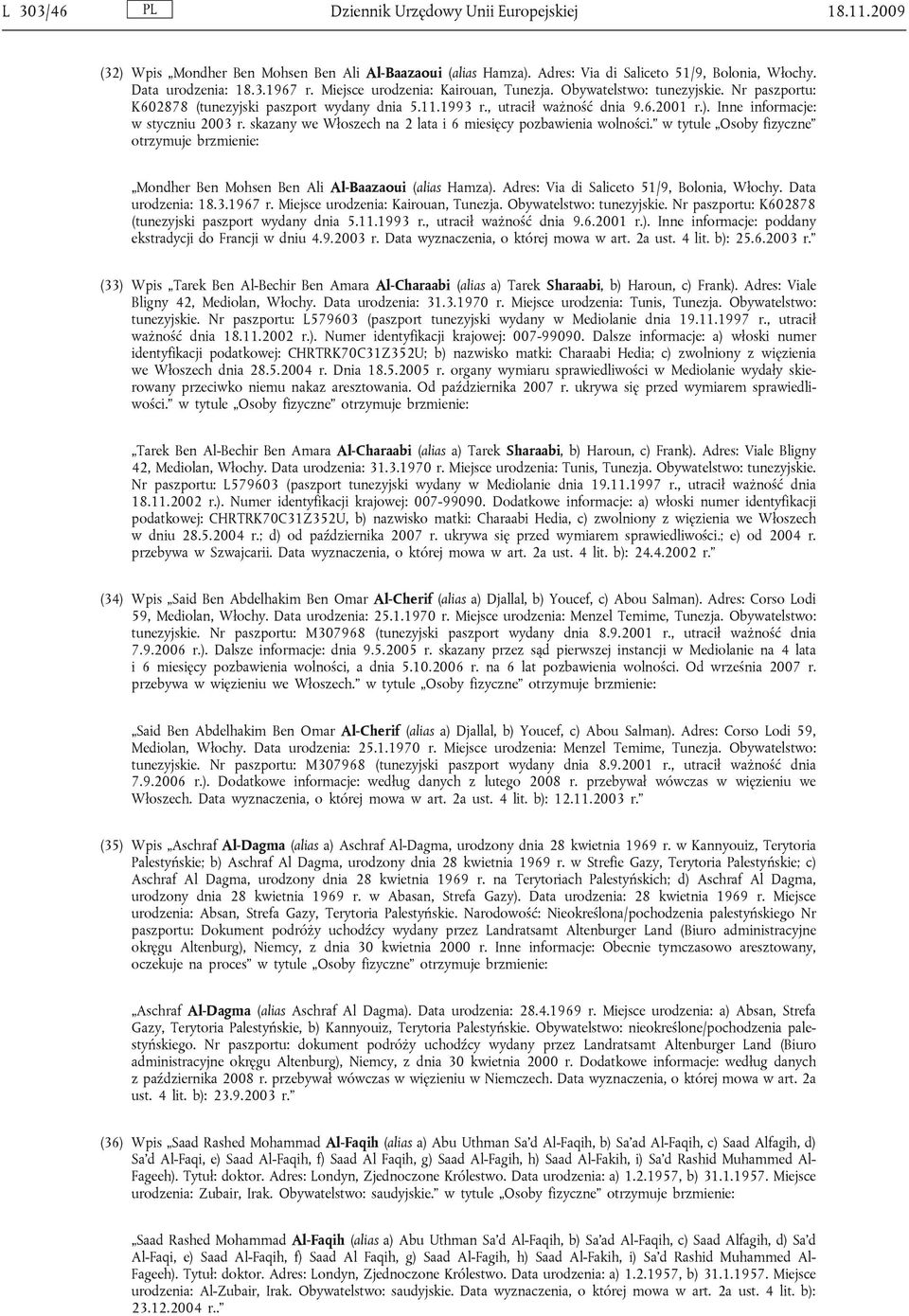 Inne informacje: w styczniu 2003 r. skazany we Włoszech na 2 lata i 6 miesięcy pozbawienia wolności. w tytule Osoby fizyczne otrzymuje brzmienie: Mondher Ben Mohsen Ben Ali Al-Baazaoui (alias Hamza).