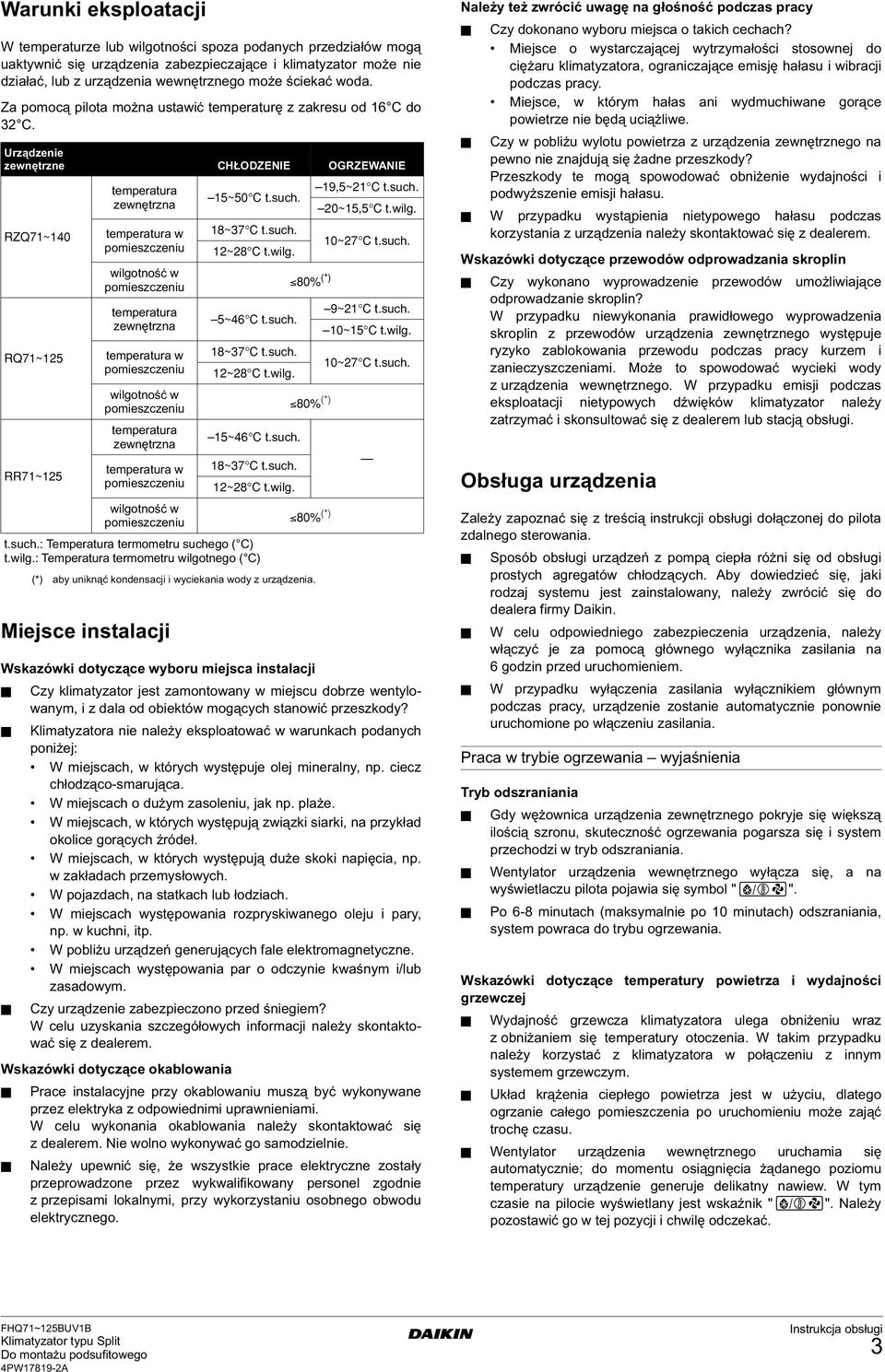 Urządzenie zewnętrzne CHŁODZENIE OGRZEWANIE RZQ7~40 RQ7~25 RR7~25 Miejsce instalacji Wskazówki dotyczące wyboru miejsca instalacji Czy klimatyzator jest zamontowany w miejscu dobrze wentylowanym, i z