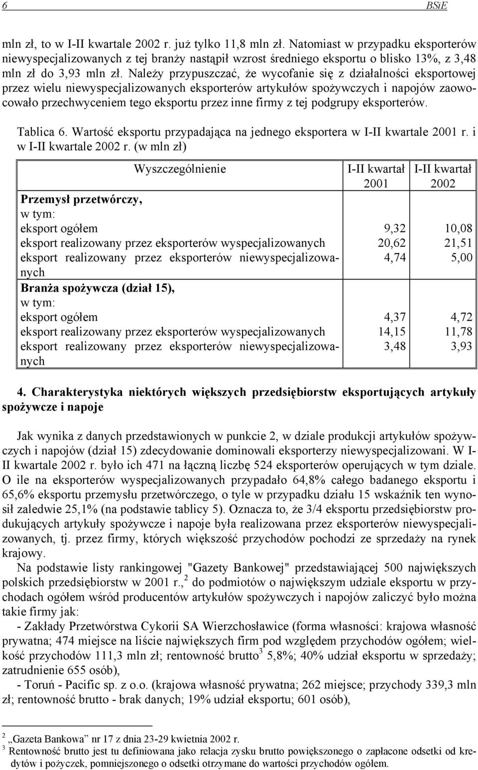 Należy przypuszczać, że wycofanie się z działalności eksportowej przez wielu niewyspecjalizowanych eksporterów artykułów spożywczych i napojów zaowocowało przechwyceniem tego eksportu przez inne