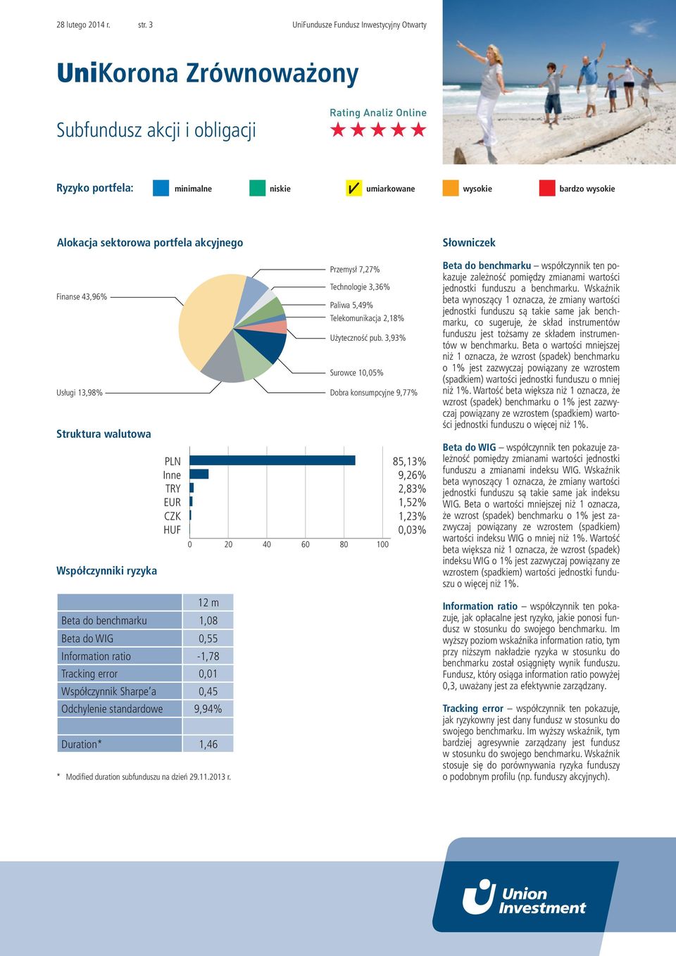 1,08 Beta do WIG 0,55 Information ratio -1,78 Tracking error 0,01 Współczynnik Sharpe a 0,45 Odchylenie standardowe 9,94% Duration* 1,46 * Modified duration subfunduszu na dzień 29.11.2013 r.
