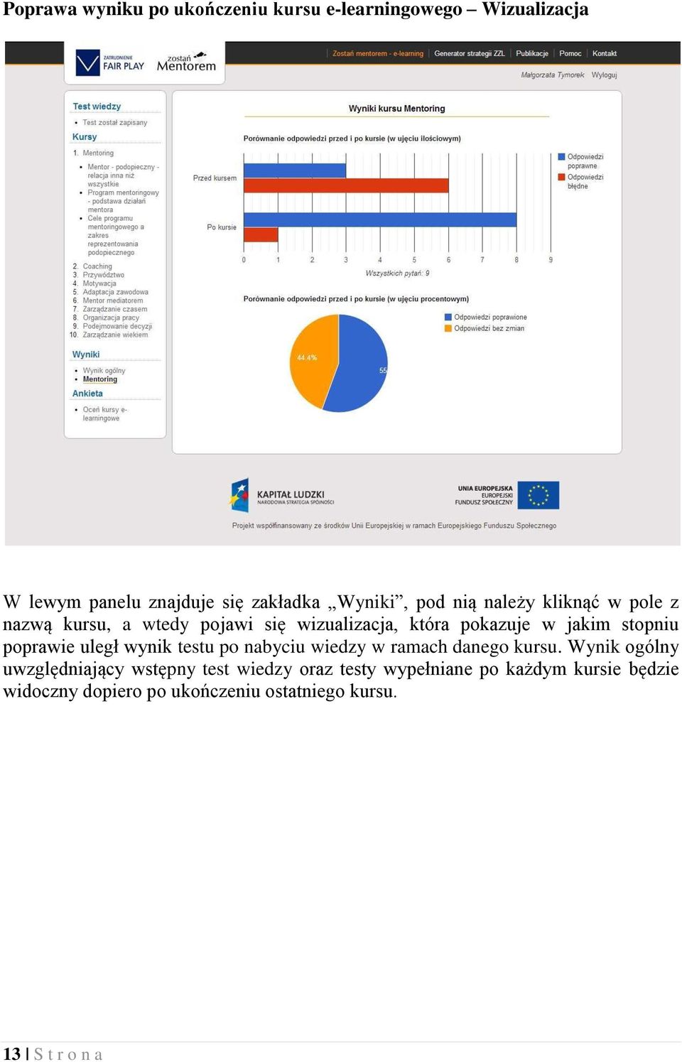 poprawie uległ wynik testu po nabyciu wiedzy w ramach danego kursu.