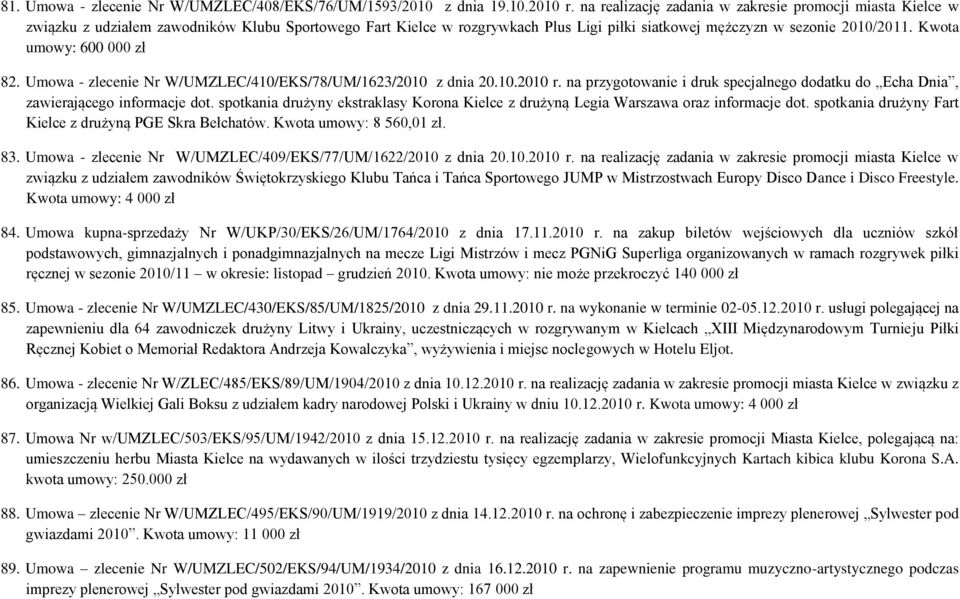 Kwota umowy: 600 000 zł 82. Umowa - zlecenie Nr W/UMZLEC/410/EKS/78/UM/1623/2010 z dnia 20.10.2010 r. na przygotowanie i druk specjalnego dodatku do Echa Dnia, zawierającego informacje dot.