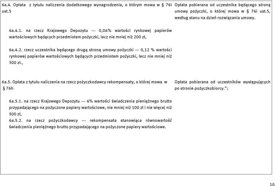 0 zł, 6a.4.2. rzecz uczestnika będącego drugą stroną umowy pożyczki --- 0,12 % wartości rynkowej papierów wartościowych będących przedmiotem pożyczki, lecz nie mniej niż 300 zł., 6a.5.