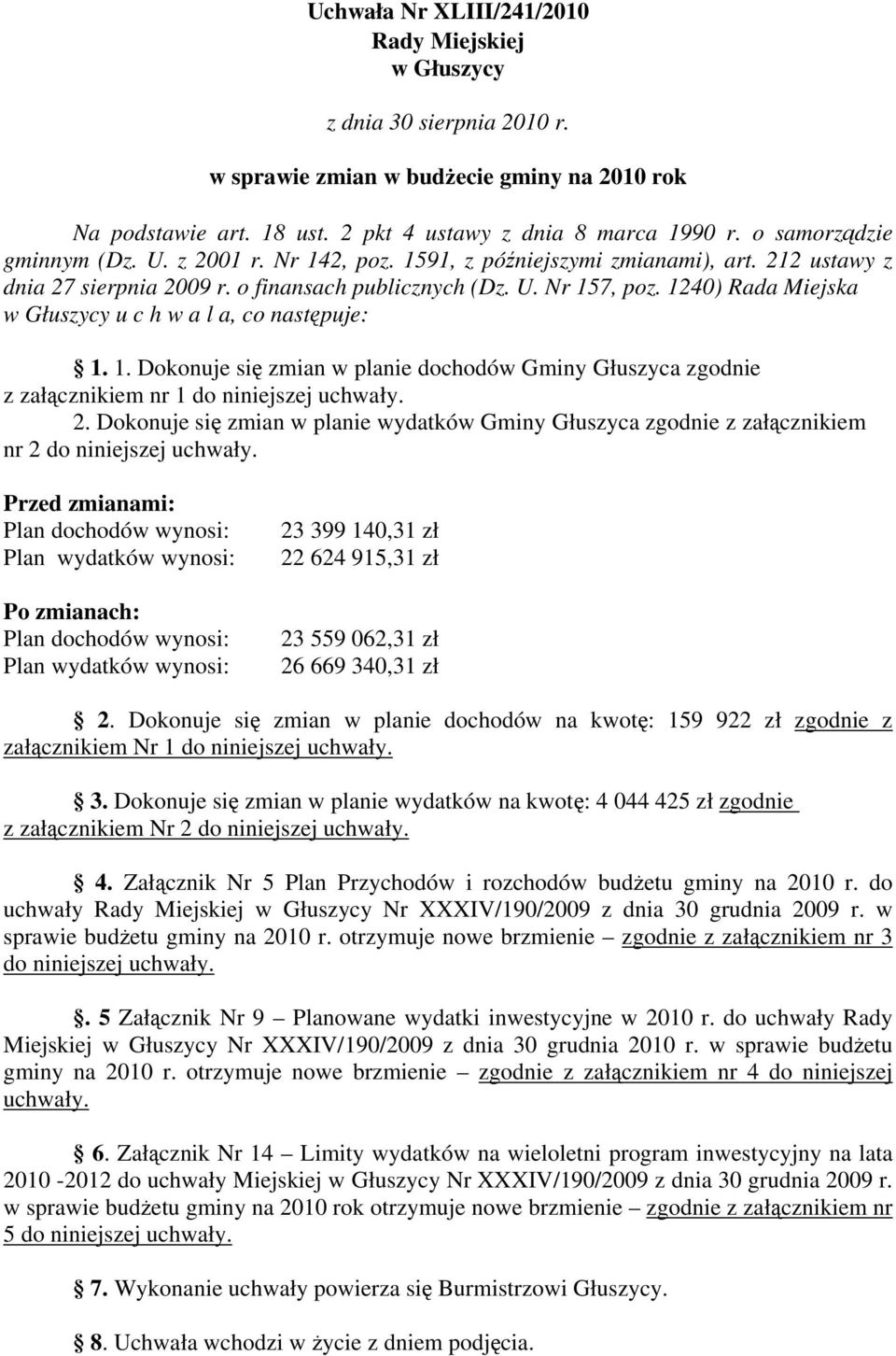 1240) Rada Miejska w Głuszycy u c h w a l a, co następuje: 1. 1. Dokonuje się zmian w planie dochodów Gminy Głuszyca zgodnie z załącznikiem nr 1 do niniejszej uchwały. 2.