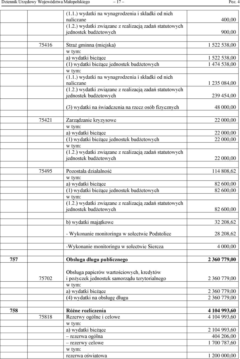 1.) wydatki na wynagrodzenia i składki od nich naliczane 400,00 jednostek budżetowych 900,00 75416 Straż gminna (miejska) 1 522 538,00 a) wydatki bieżące 1 522 538,00 (1) wydatki bieżące jednostek