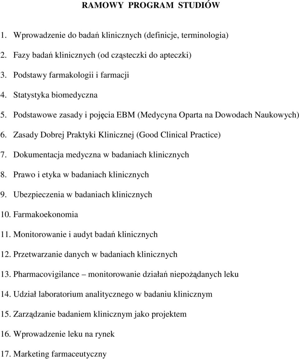 Dokumentacja medyczna w badaniach klinicznych 8. Prawo i etyka w badaniach klinicznych 9. Ubezpieczenia w badaniach klinicznych 10. Farmakoekonomia 11. Monitorowanie i audyt badań klinicznych 12.