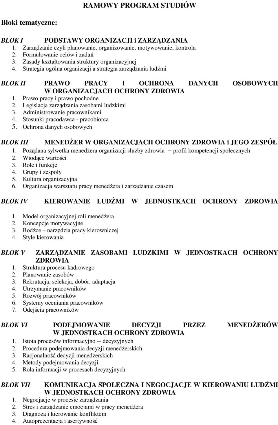 Prawo pracy i prawo pochodne 2. Legislacja zarządzania zasobami ludzkimi 3. Administrowanie pracownikami 4. Stosunki pracodawca - pracobiorca 5.