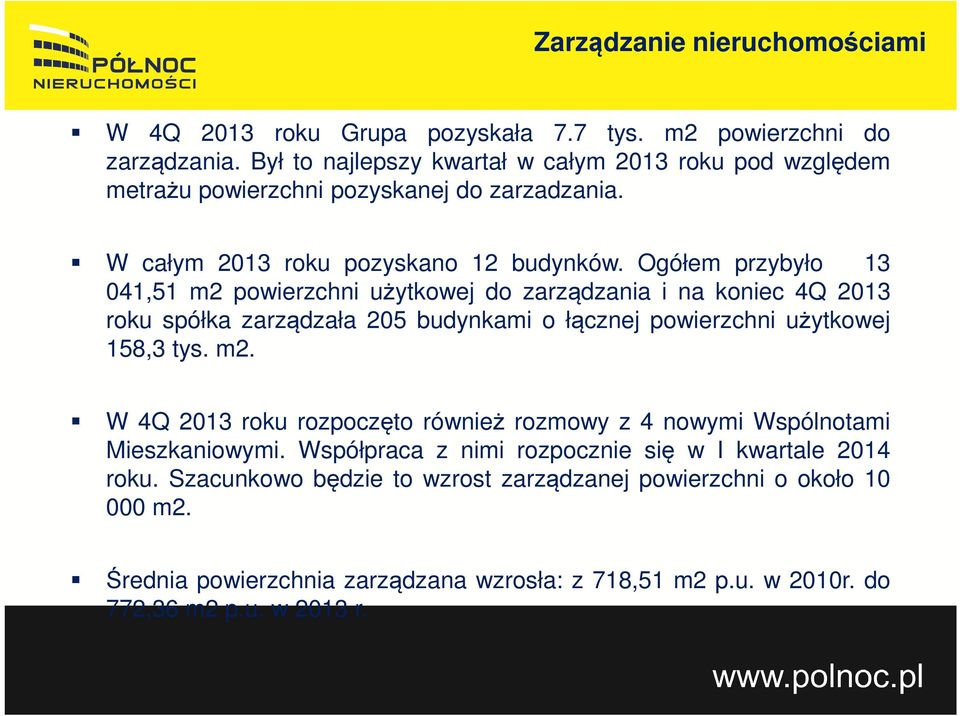 Ogółem przybyło 13 041,51 m2 powierzchni użytkowej do zarządzania i na koniec 4Q 2013 roku spółka zarządzała 205 budynkami o łącznej powierzchni użytkowej 158,3 tys. m2. W 4Q 2013 roku rozpoczęto również rozmowy z 4 nowymi Wspólnotami Mieszkaniowymi.