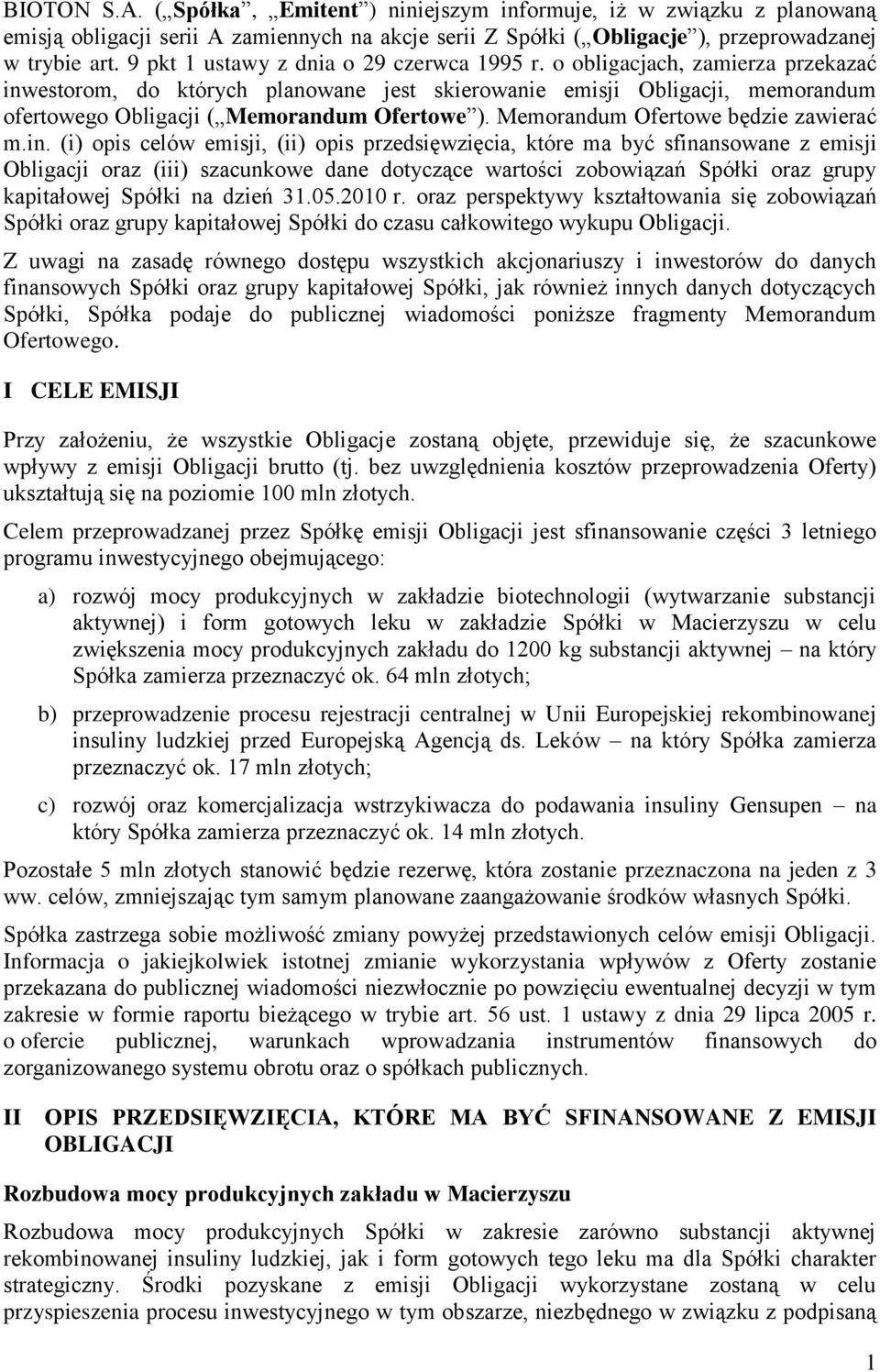 o obligacjach, zamierza przekazać inw