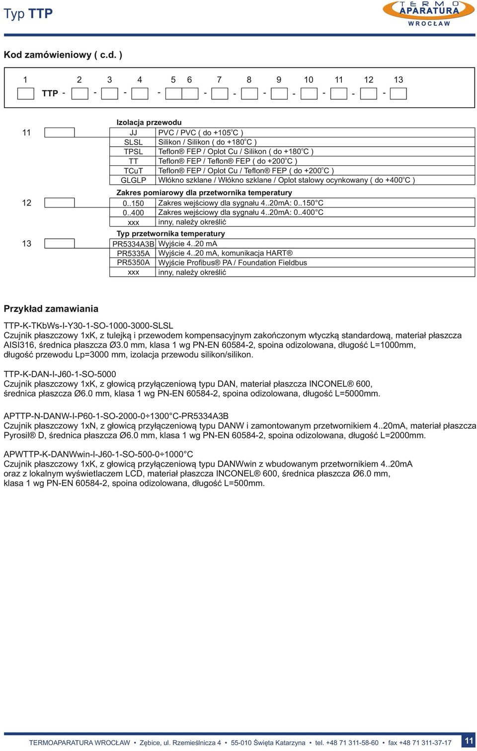 .150 Zakres wejściwy dla sygnału 4..0mA: 0..150 C 0..400 xxx Zakres wejściwy dla sygnału 4..0mA: 0..400 C inny, należy kreślić Typ przetwrnika temperatury 13 PR5334A3B Wyjście 4.