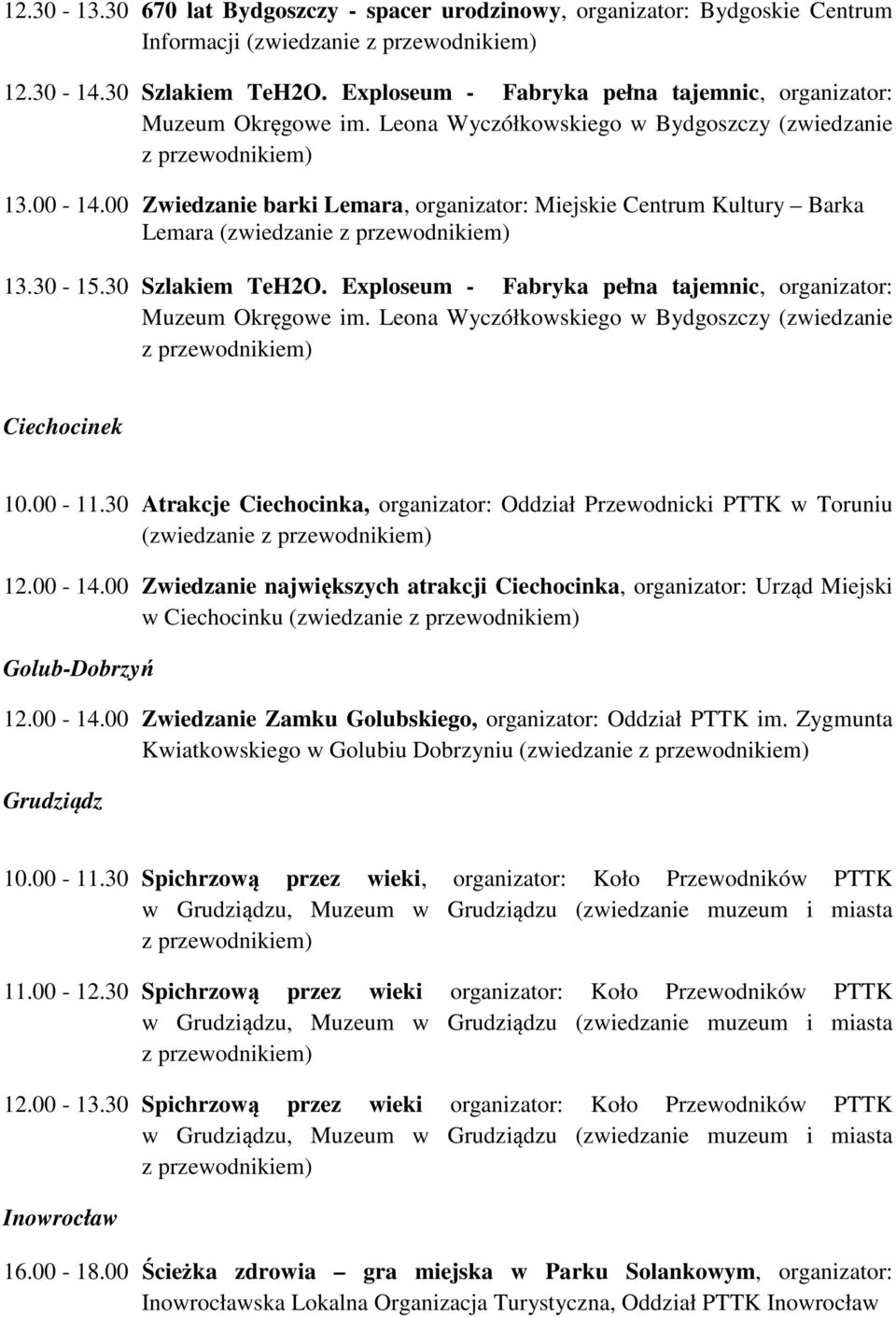 30 Atrakcje Ciechocinka, organizator: Oddział Przewodnicki PTTK w Toruniu (zwiedzanie 12.00-14.