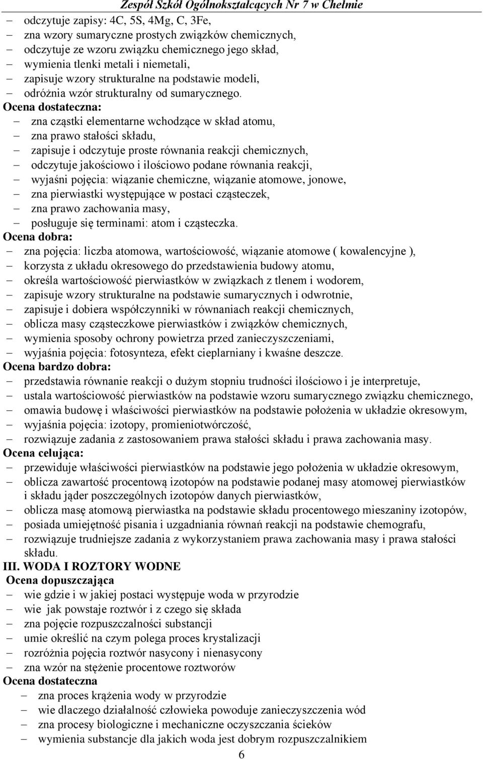 zna cząstki elementarne wchodzące w skład atomu, zna prawo stałości składu, zapisuje i odczytuje proste równania reakcji chemicznych, odczytuje jakościowo i ilościowo podane równania reakcji, wyjaśni