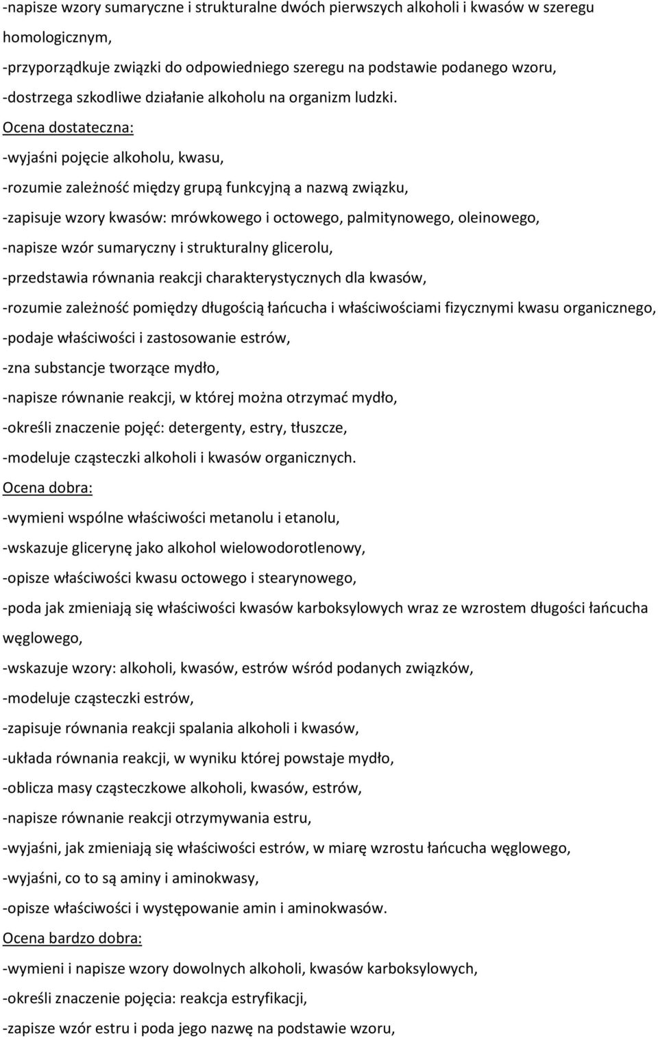 Ocena dostateczna: -wyjaśni pojęcie alkoholu, kwasu, -rozumie zależność między grupą funkcyjną a nazwą związku, -zapisuje wzory kwasów: mrówkowego i octowego, palmitynowego, oleinowego, -napisze wzór