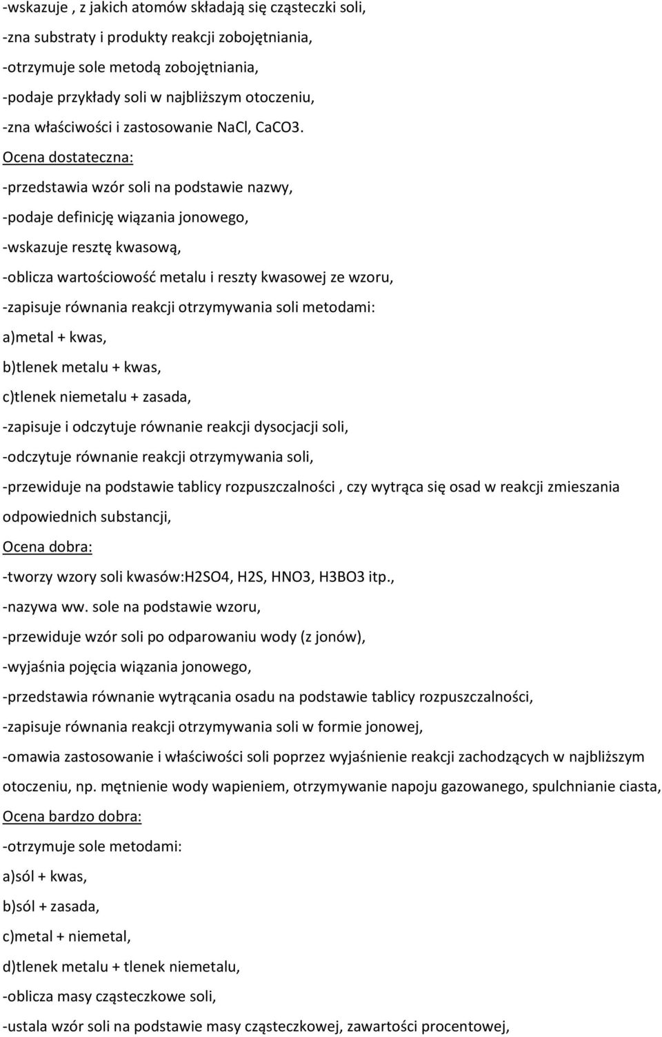 Ocena dostateczna: -przedstawia wzór soli na podstawie nazwy, -podaje definicję wiązania jonowego, -wskazuje resztę kwasową, -oblicza wartościowość metalu i reszty kwasowej ze wzoru, -zapisuje