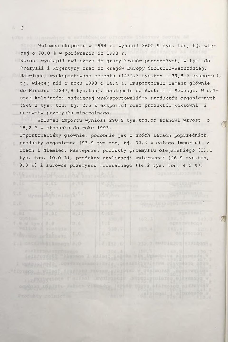 więcej niż w roku 1993 o 14,4 %. Eksportowano cement głównie do Niemiec (1247,8 tys.ton), następnie do Austrii i Szwecji.