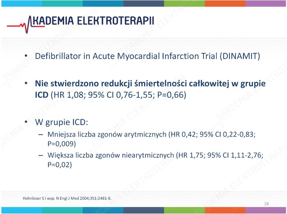 Mniejsza liczba zgonów arytmicznych (HR 0,42; 95% CI 0,22-0,83; P=0,009) Większa liczba