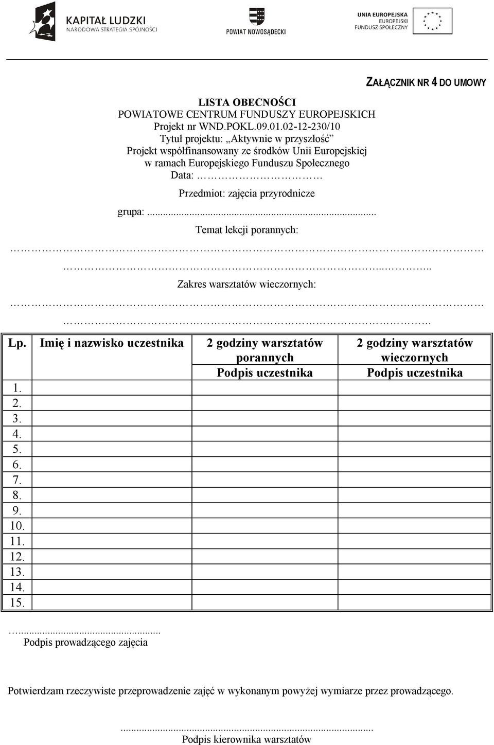 przyrodnicze grupa:... Temat lekcji porannych: ZAŁĄCZNIK NR 4 DO UMOWY.... Zakres warsztatów wieczornych: Lp.