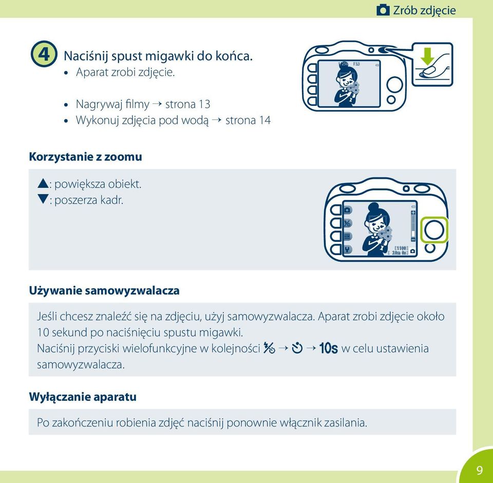 1 1 0 0 2 0 m 0 s Używanie samowyzwalacza Jeśli chcesz znaleźć się na zdjęciu, użyj samowyzwalacza.