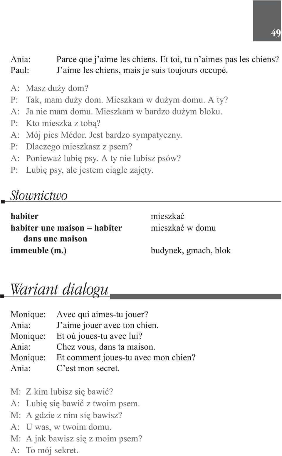 P: Lubiê psy, ale jestem ci¹gle zajêty. S³ownictwo habiter habiter une maison = habiter dans une maison immeuble (m.