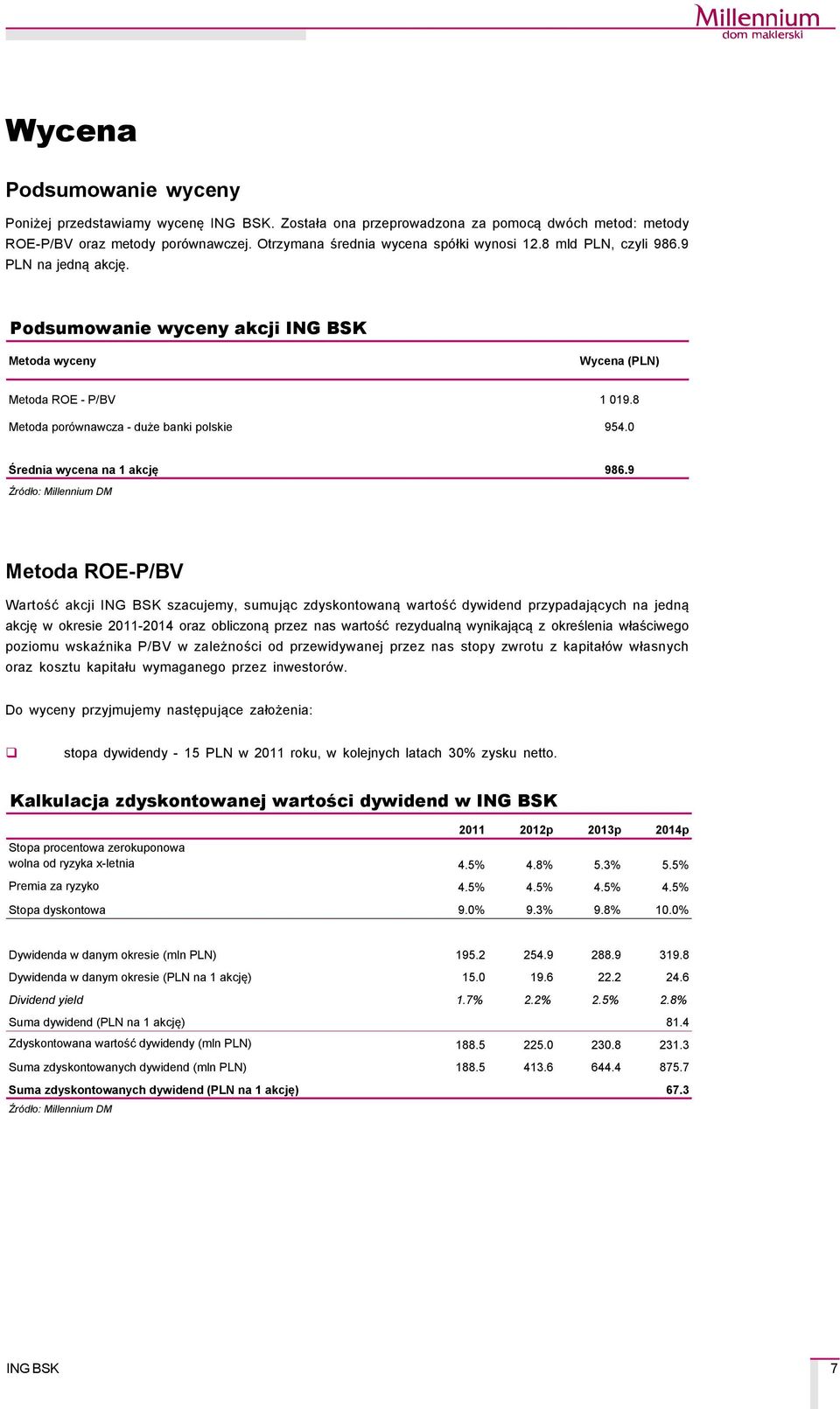 9 Metoda ROE-P/BV Wartość akcji szacujemy, sumując zdyskontowaną wartość dywidend przypadających na jedną akcję w okresie 2011-2014 oraz obliczoną przez nas wartość rezydualną wynikającą z określenia