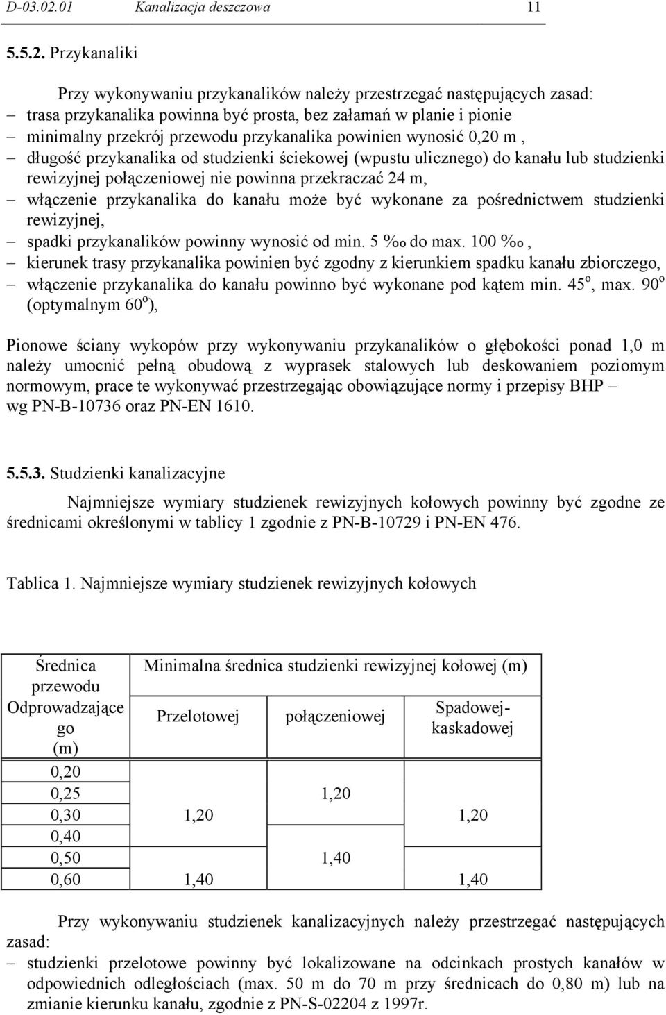 Przykanaliki Przy wykonywaniu przykanalików należy przestrzegać następujących zasad: trasa przykanalika powinna być prosta, bez załamań w planie i pionie minimalny przekrój przewodu przykanalika