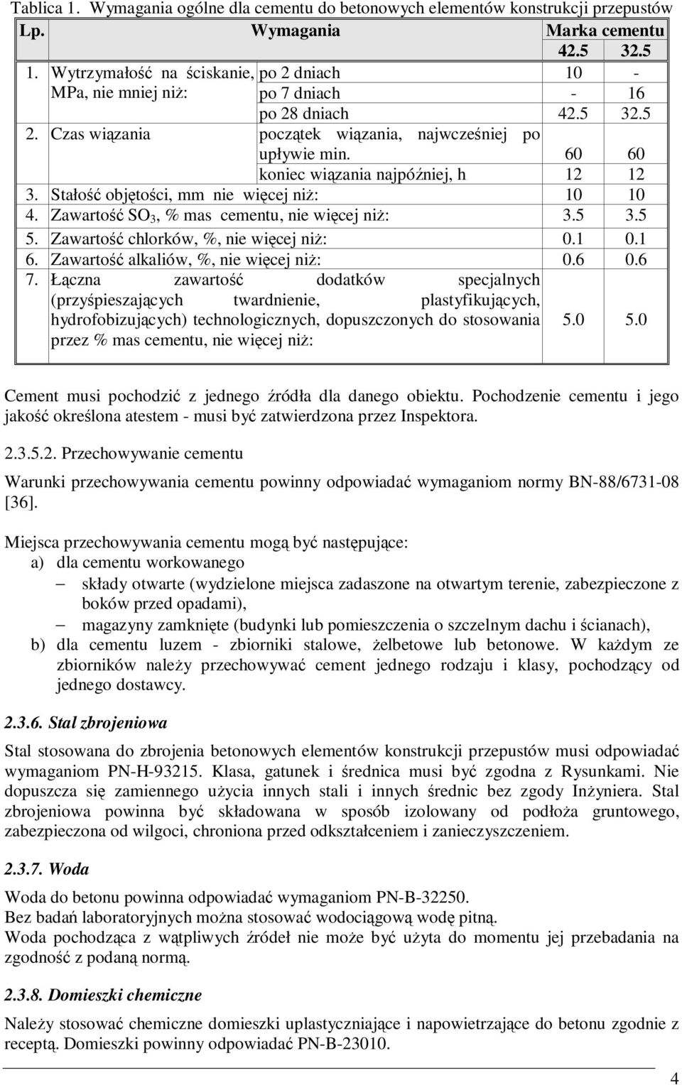 60 60 koniec wiązania najpóźniej, h 12 12 3. Stałość objętości, mm nie więcej niŝ: 10 10 4. Zawartość SO 3, % mas cementu, nie więcej niŝ: 3.5 3.5 5. Zawartość chlorków, %, nie więcej niŝ: 0.1 0.1 6.