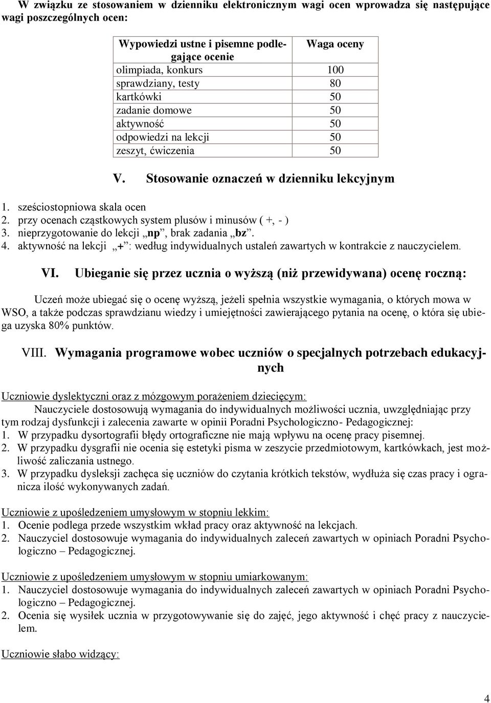 przy ocenach cząstkowych system plusów i minusów ( +, - ) 3. nieprzygotowanie do lekcji np, brak zadania bz. 4.