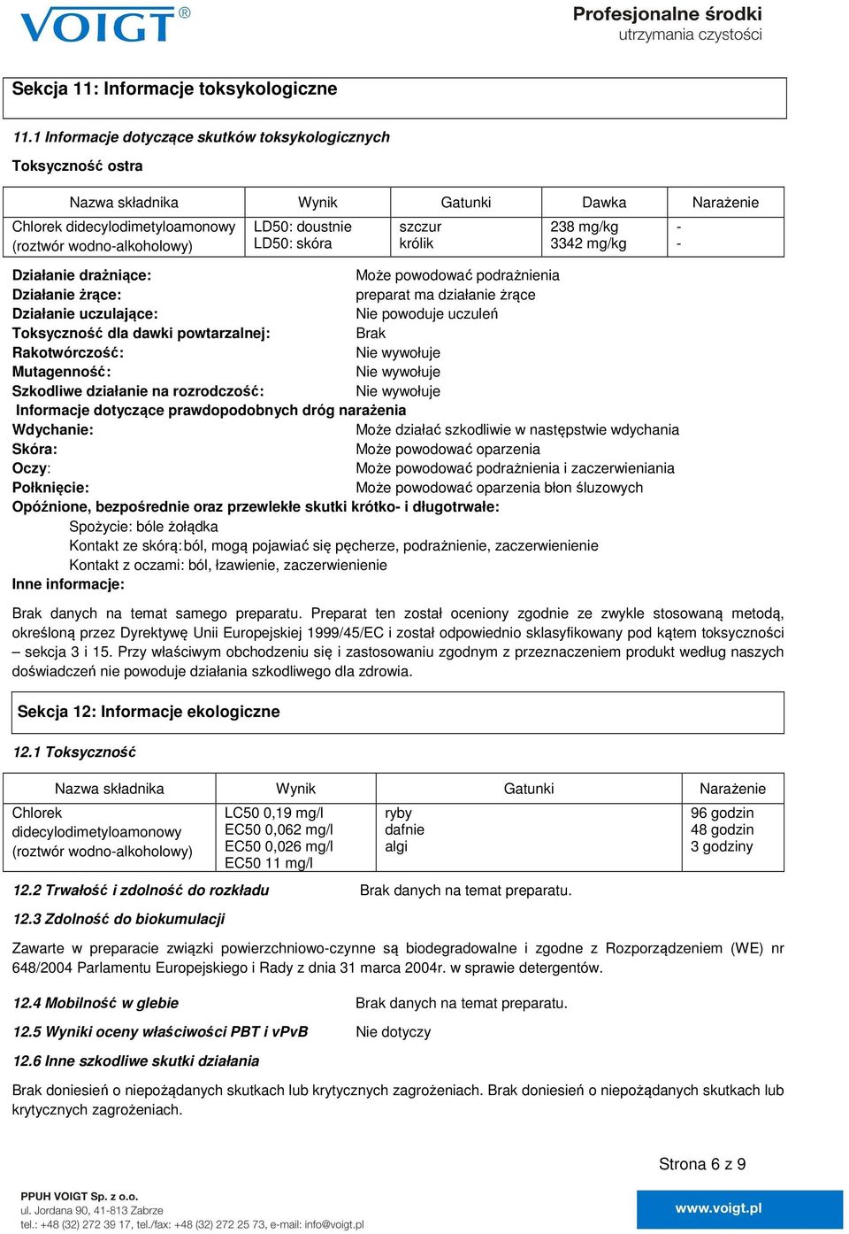 szczur królik 238 mg/kg 3342 mg/kg Działanie drażniące: Może powodować podrażnienia Działanie żrące: preparat ma działanie żrące Działanie uczulające: Nie powoduje uczuleń Toksyczność dla dawki