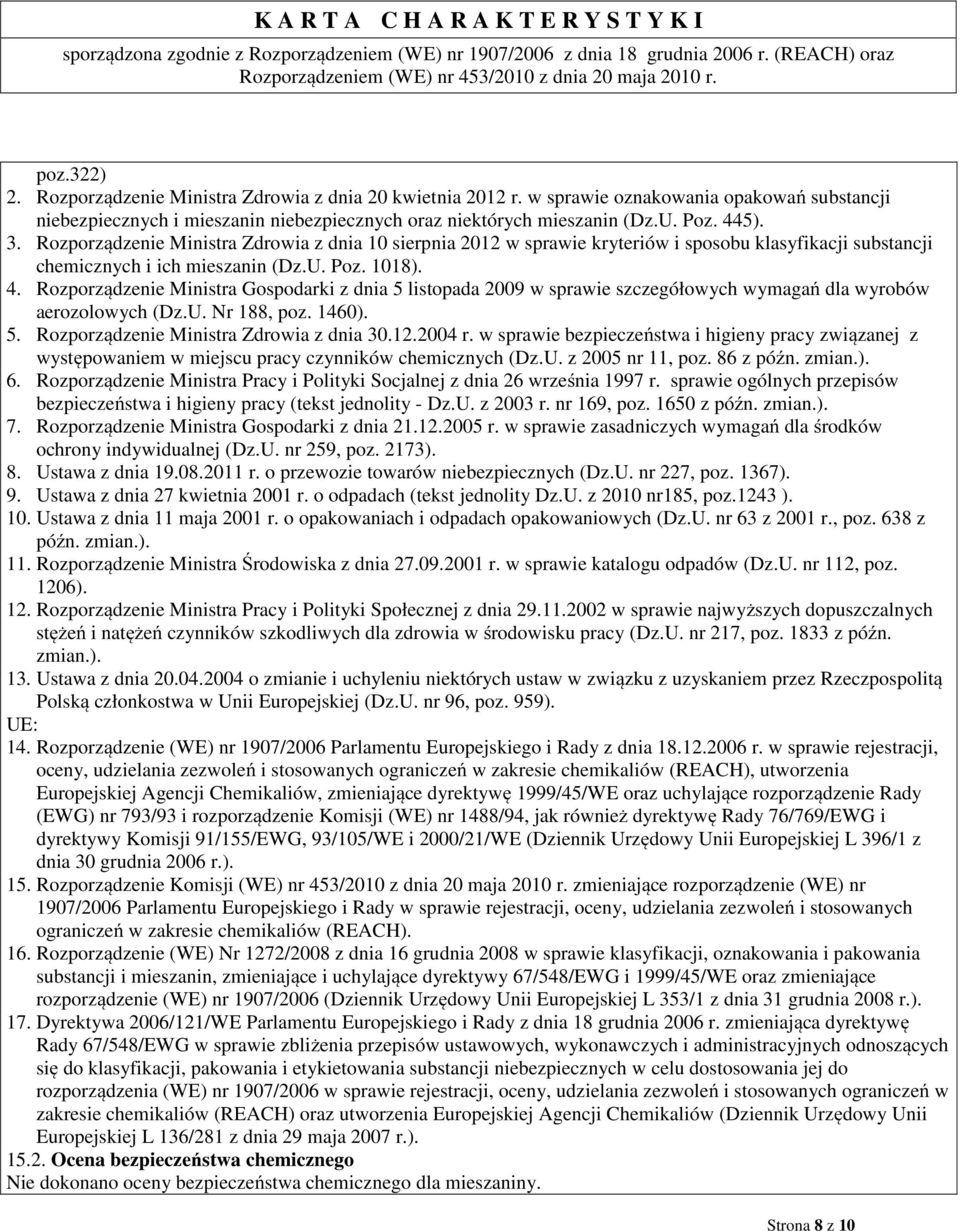 Rozporządzenie Ministra Gospodarki z dnia 5 listopada 2009 w sprawie szczegółowych wymagań dla wyrobów aerozolowych (Dz.U. Nr 188, poz. 1460). 5. Rozporządzenie Ministra Zdrowia z dnia 30.12.2004 r.