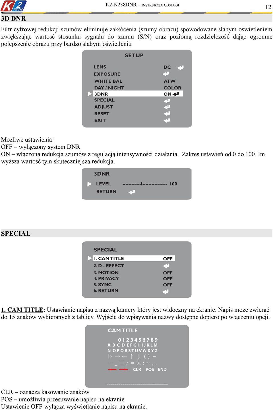 Zakres ustawień od 0 do 100. Im wyższa wartość tym skuteczniejsza redukcja. SPECIAL 1. CAM TITLE: Ustawianie napisu z nazwą kamery który jest widoczny na ekranie.