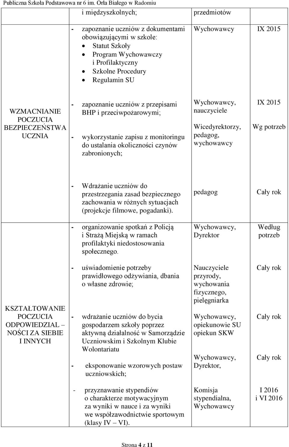 Wicedyrektorzy, pedagog, IX 2015 Wg potrzeb - Wdrażanie uczniów do przestrzegania zasad bezpiecznego zachowania w różnych sytuacjach (projekcje filmowe, pogadanki).