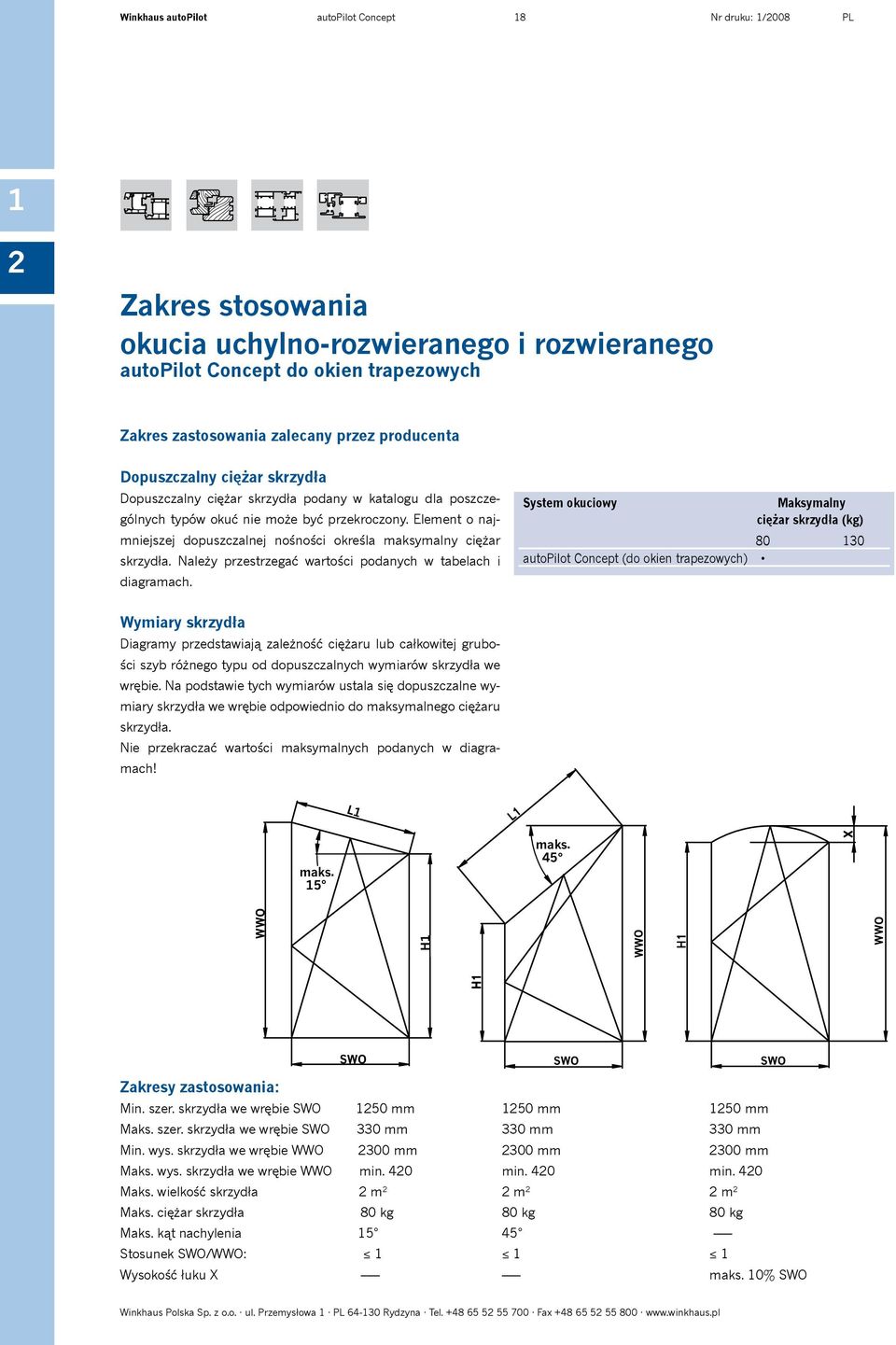 Element o najmniejszej dopuszczalnej nośności określa maksymalny ciężar skrzydła. Należy przestrzegać wartości podanych w tabelach i diagramach.