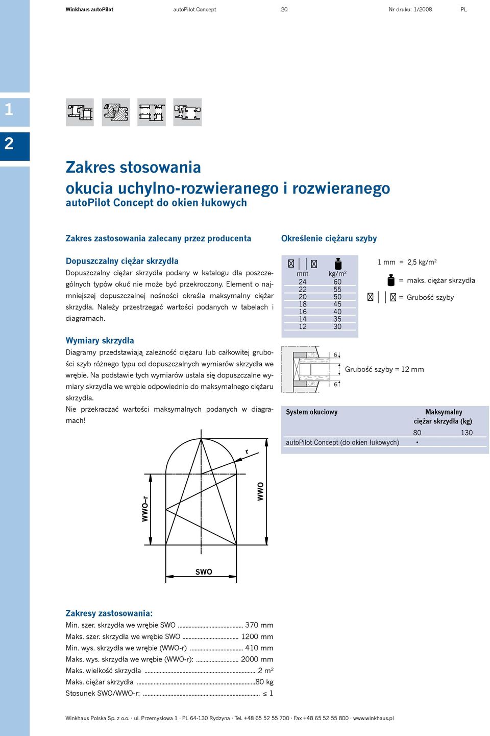 Element o najmniejszej dopuszczalnej nośności określa maksymalny ciężar skrzydła. Należy przestrzegać wartości podanych w tabelach i diagramach.