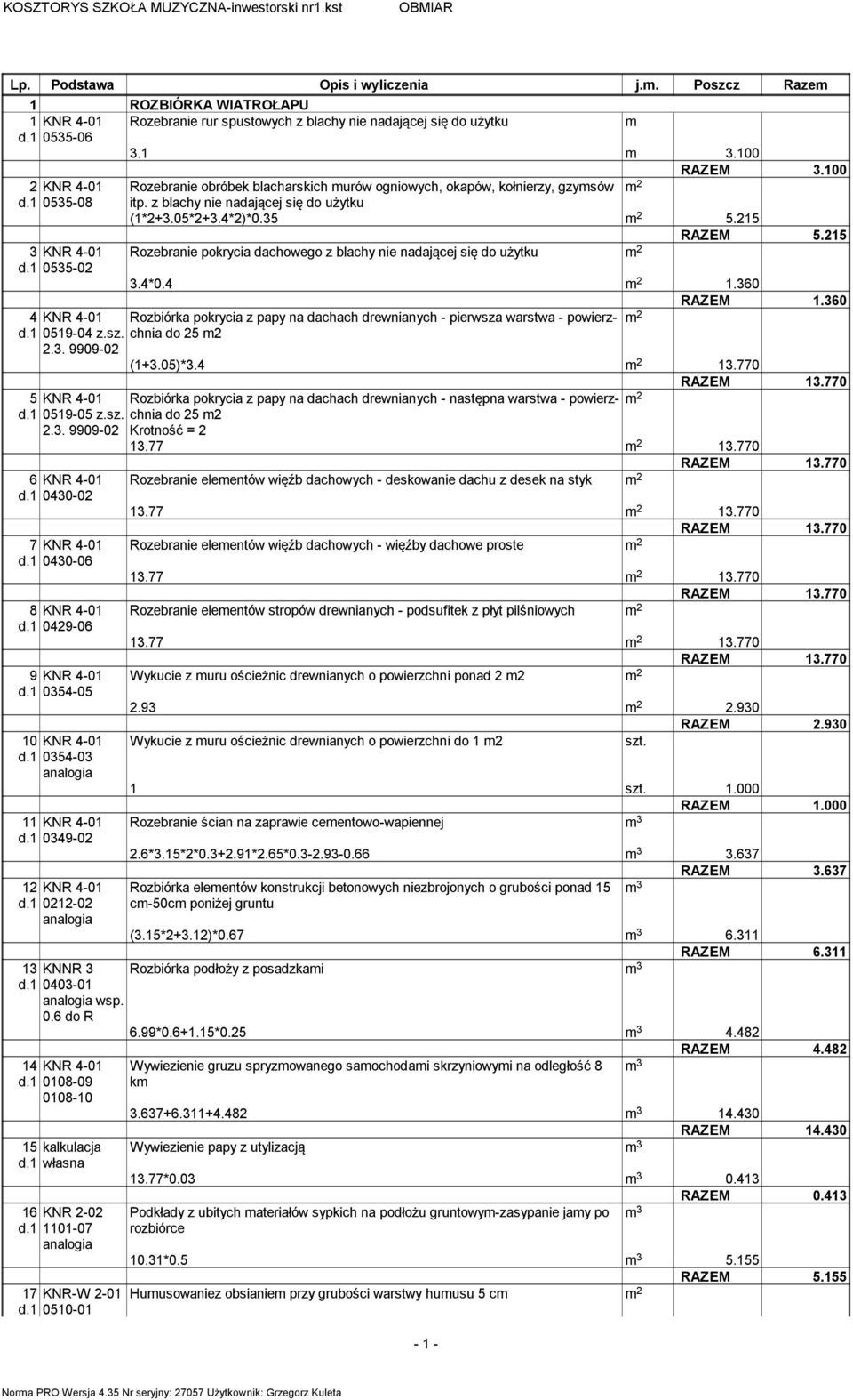 215 3 KNR 4-01 Rozebranie pokrycia dachowego z blachy nie nadającej się do użytku d.1 0535-02 3.4*0.4 1.360 RAZEM 1.