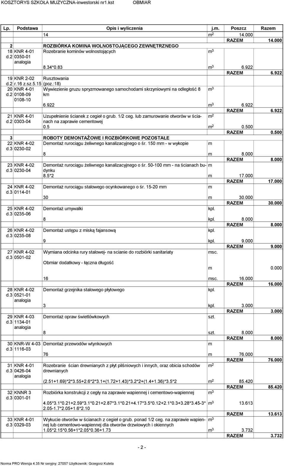 1/2 ceg. lub zaurowanie otworów w ścianach d.2 0303-04 na zaprawie ceentowej 0.5 0.500 RAZEM 0.500 3 ROBOTY DEMONTAŻOWE I ROZBIÓRKOWE POZOSTAŁE 22 KNR 4-02 d.