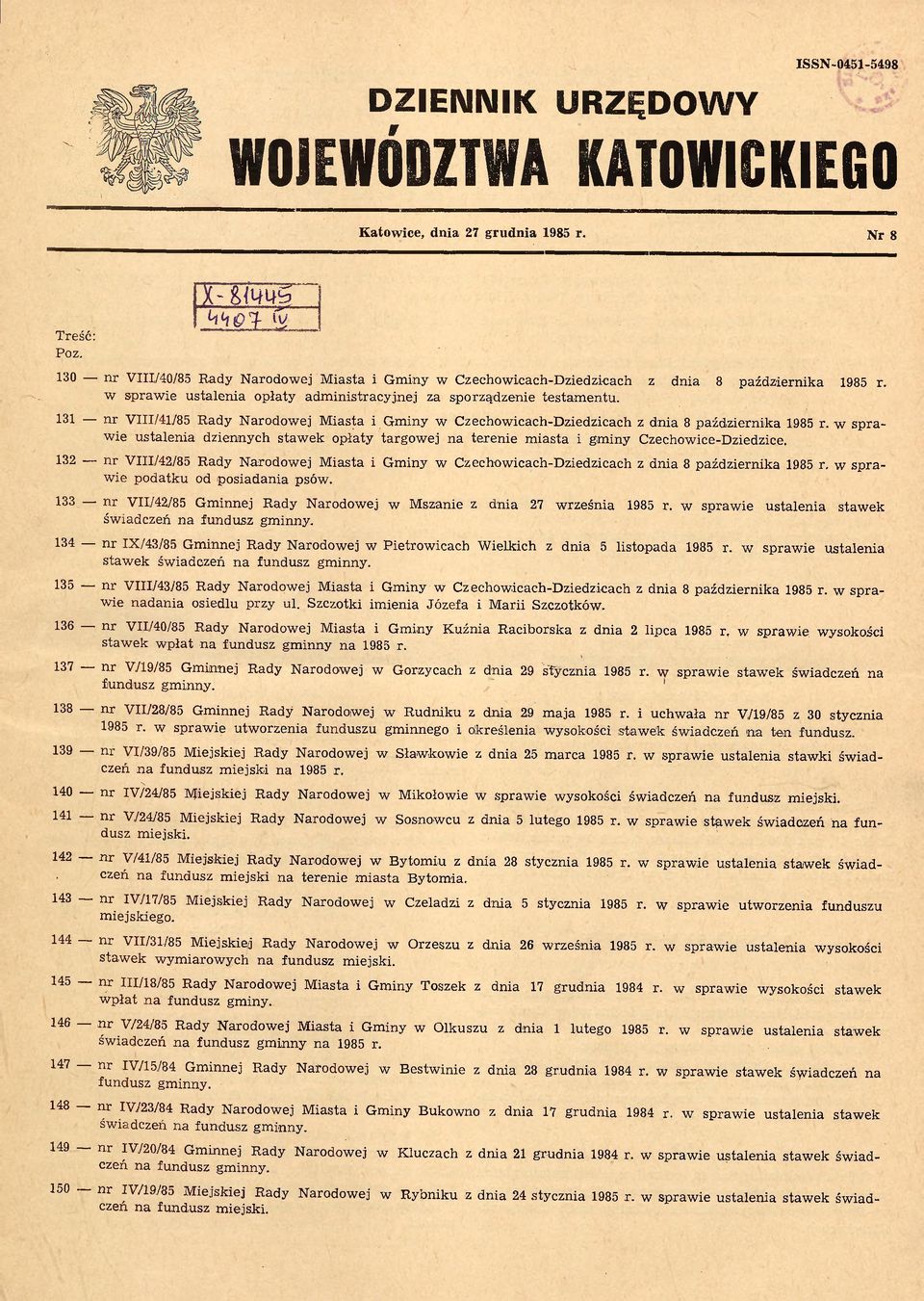 131 nr VIII/41/85 Rady Narodowej Miasta i Gminy w Czechowicach-Dziedzicach z dnia 8 października 1985 r.