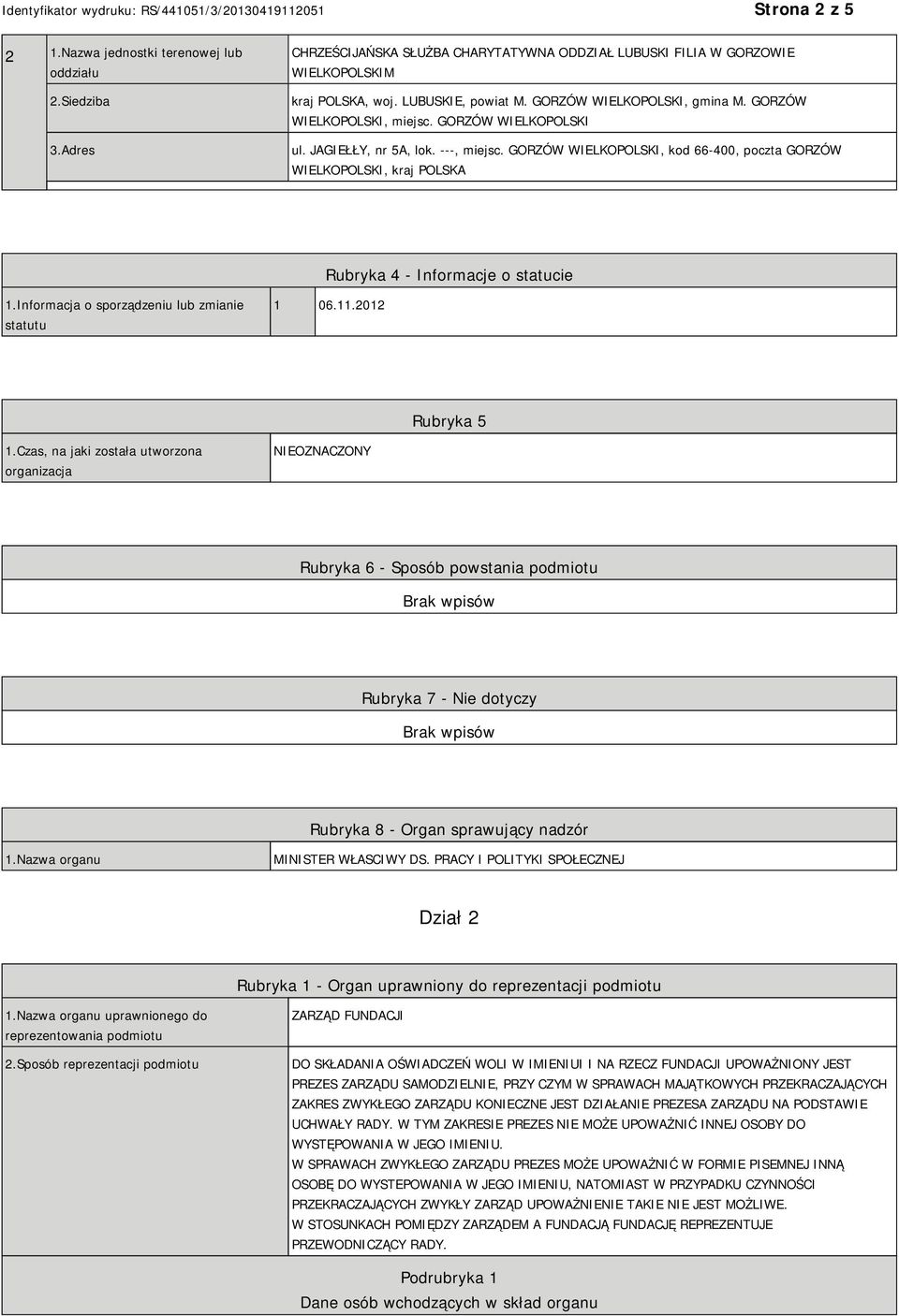 GORZÓW WIELKOPOLSKI, kod 66-400, poczta GORZÓW WIELKOPOLSKI, kraj POLSKA Rubryka 4 - Informacje o statucie 1.Informacja o sporządzeniu lub zmianie statutu 1 06.11.2012 Rubryka 5 1.