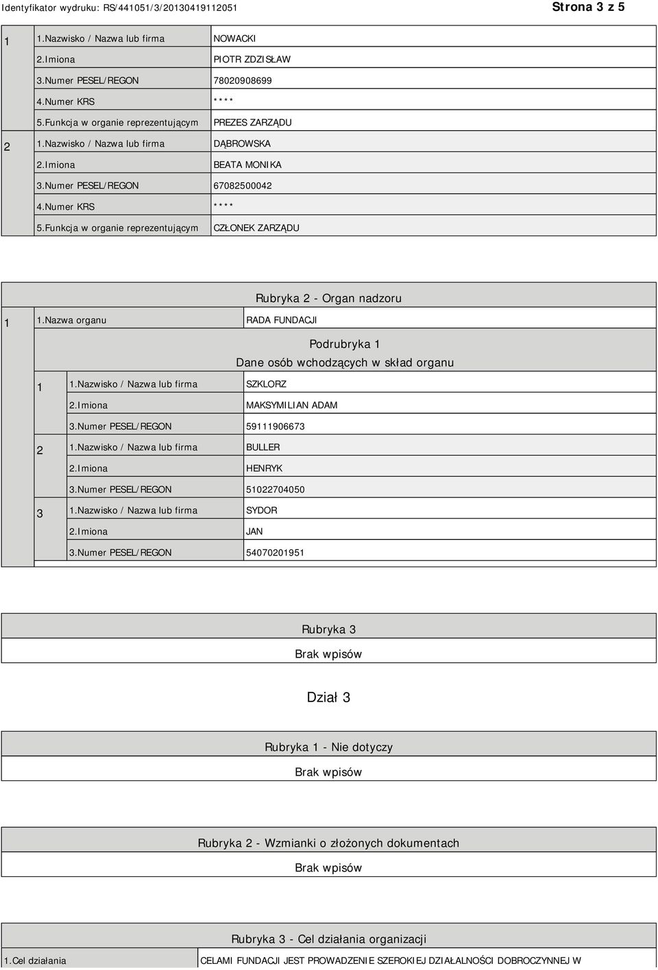 Nazwa organu RADA FUNDACJI Podrubryka 1 Dane osób wchodzących w skład organu 1 1.Nazwisko / Nazwa lub firma SZKLORZ MAKSYMILIAN ADAM 3.Numer PESEL/REGON 59111906673 2 1.