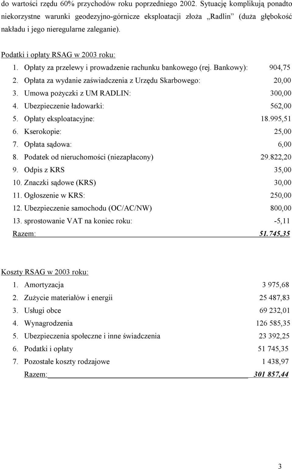 Opłaty za przelewy i prowadzenie rachunku bankowego (rej. Bankowy): 904,75 2. Opłata za wydanie zaświadczenia z Urzędu Skarbowego: 20,00 3. Umowa pożyczki z UM RADLIN: 300,00 4.